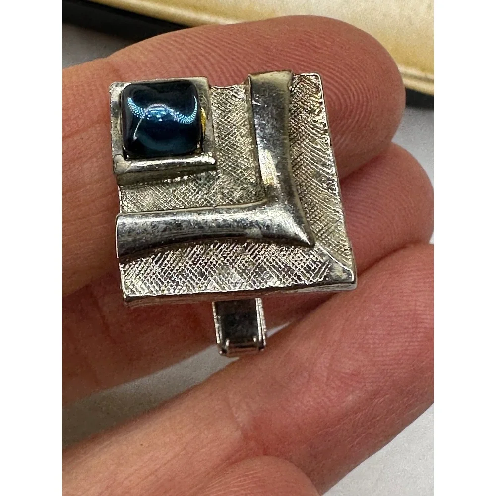 Kasmir cufflinks Tie Tack Set Blue Stone Square Silver Tone Vintage Boxed
